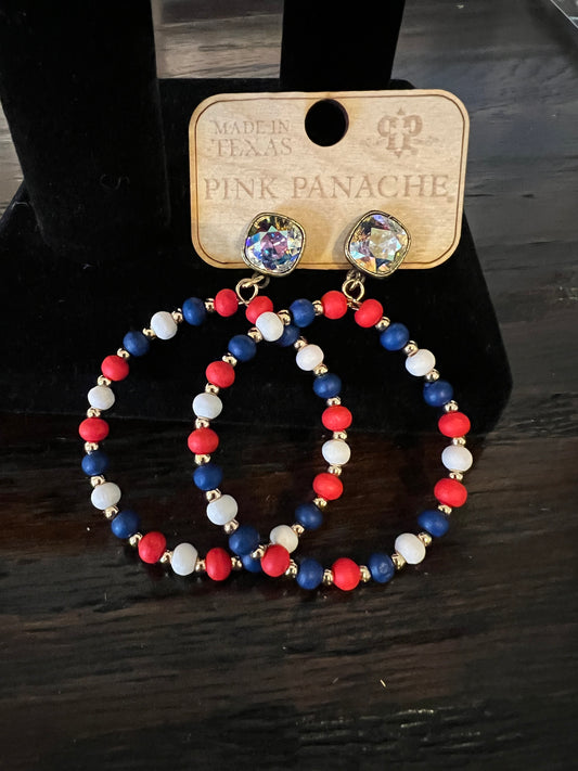 Red, White, Blue Wood Bead Circle Earring