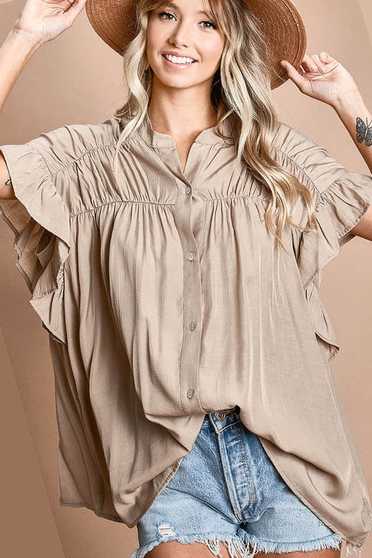 LOOSE FIT SILK WOVEN SHIRRIED Top