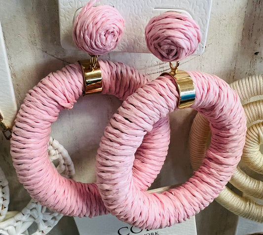 Light Pink Straw Hoops with Gold Trim.