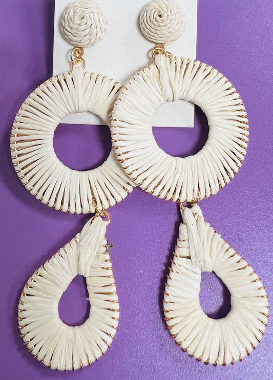 Large Ivory, Woven Dangle Earring with Gold Trim