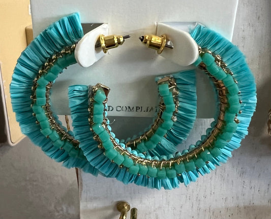 Turquoise Straw Earring with Matching Beads and Gold Trim