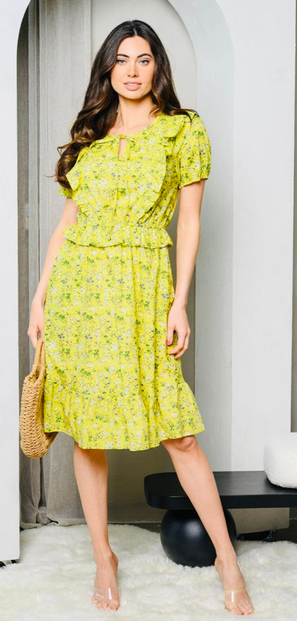 Lime Green Puff Sleeve Floral Midi Dress