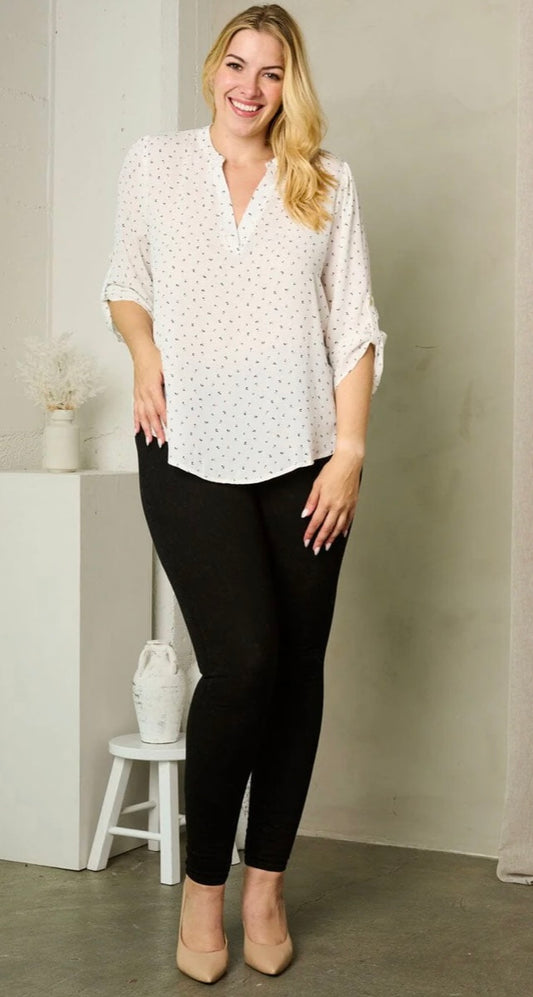 Floral Blouse with V-Neck and 3/4 Sleeve