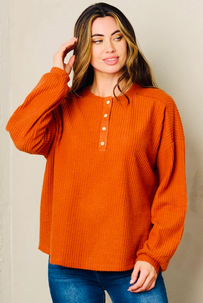 Long Sleeve Rust, Button Waffle Top