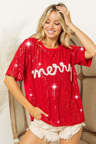 Merry Tinsel Lettering Christmas Sequin Top
