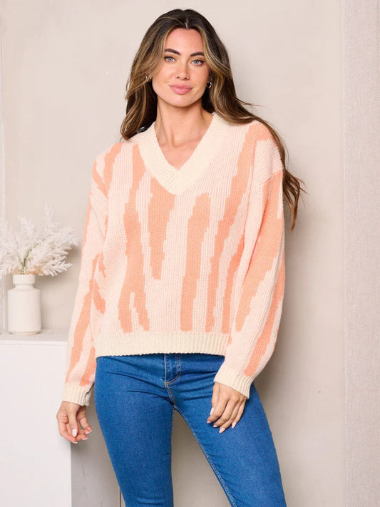 V-Neck Peach Colorblock Sweater