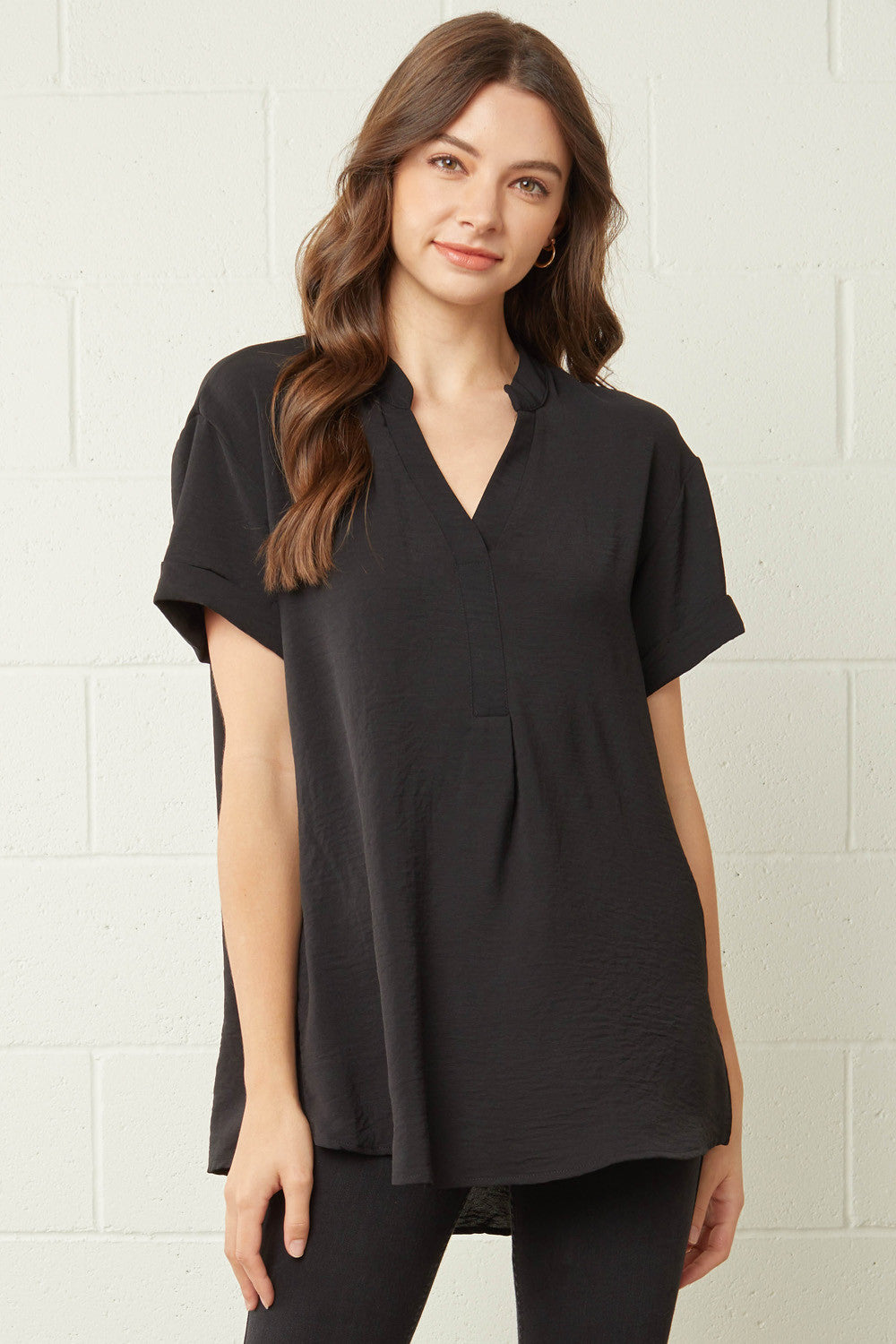 Solid  V-Neck Top  with Rolled Sleeves
