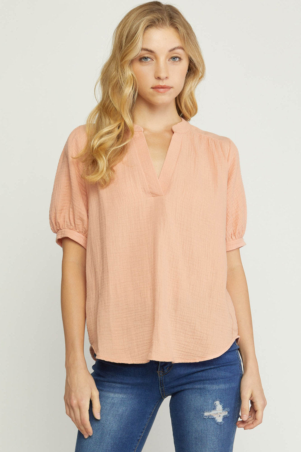 Solid V-Neck Puff Sleeve Top