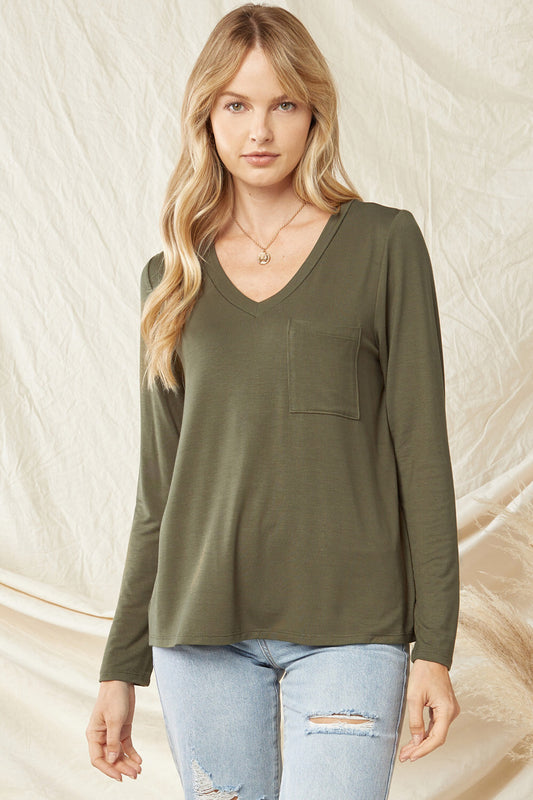 Solid V-Neck Long Sleeve Top